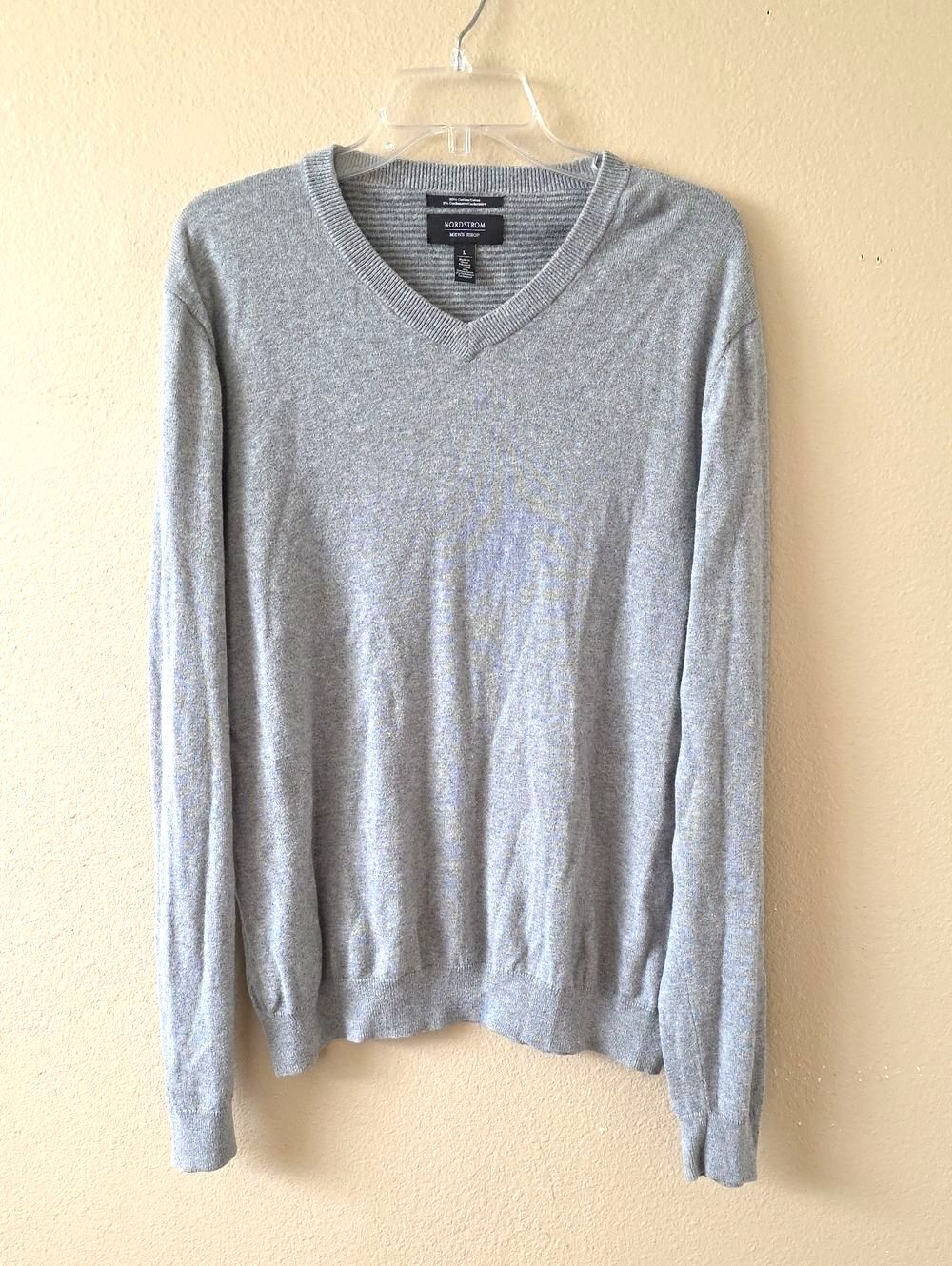 Nordstrom Mens Gray Cashmere Cotton V-Neck Sweater - Size Large